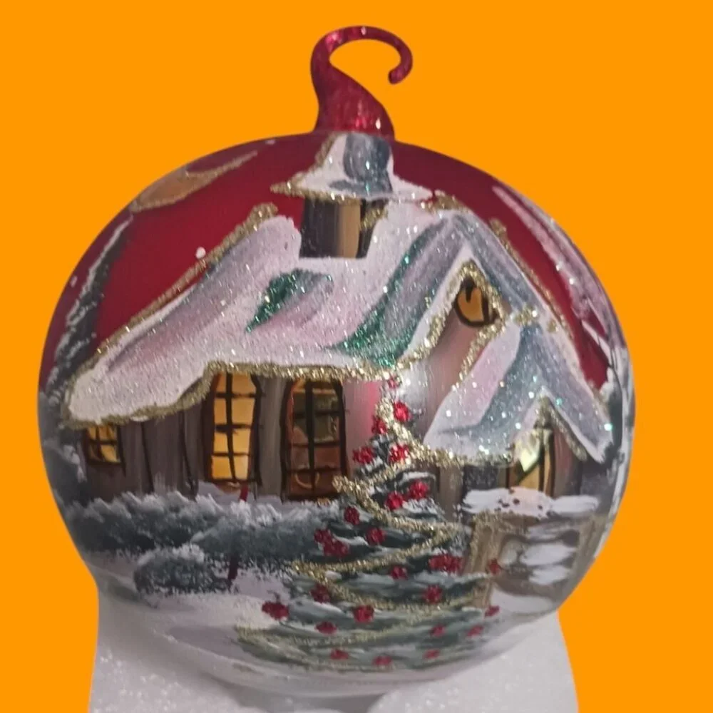 Hand-Painted Glass Christmas Ornament With Winter Village Scene & Glitter